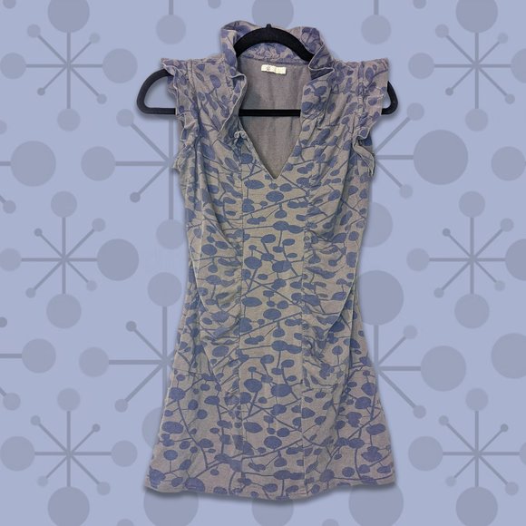 Retro Atomic Geometric Pattern Top - Ruffle Sleeves, Ruched Torso - Picture 2 of 3